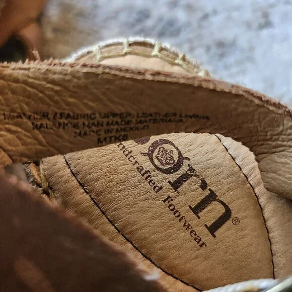 Born Wedge Sandals Women's 9 Blue Fabric Tan Leather Comfort Espadrille Platform - Picture 8 of 9